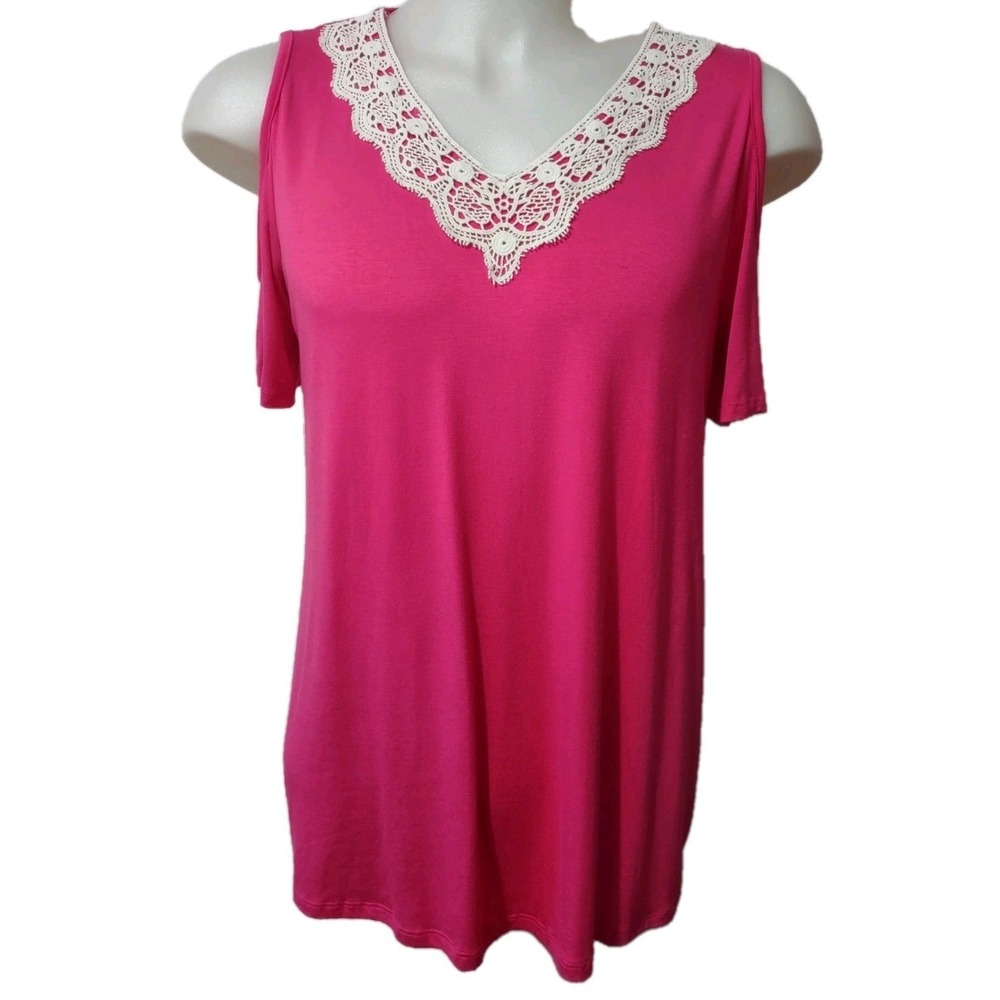 Celeste Blouse Top Womens Sz Large Cold Shoulder Short Sleeve Soft Fuchsia Pink